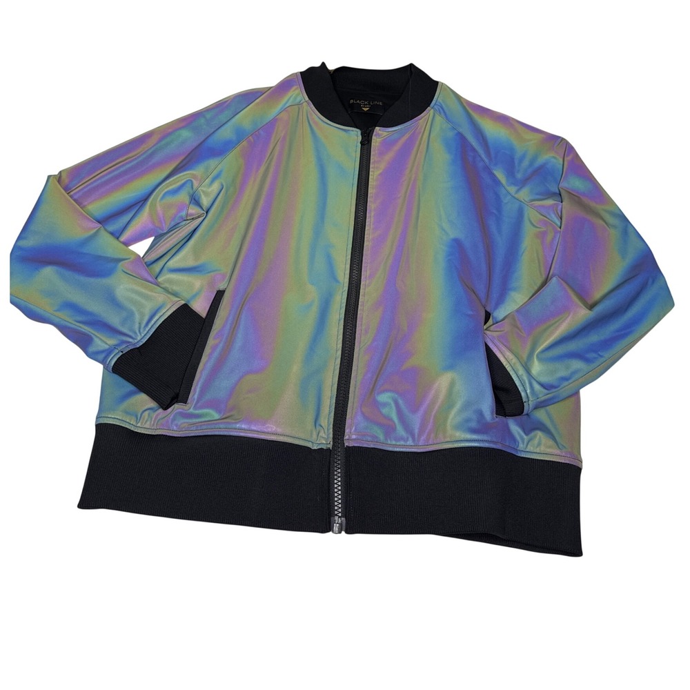Black Line Noli Bomber Jacket Womens M Iridescent Rainbow Poly Spandex Zip Rave